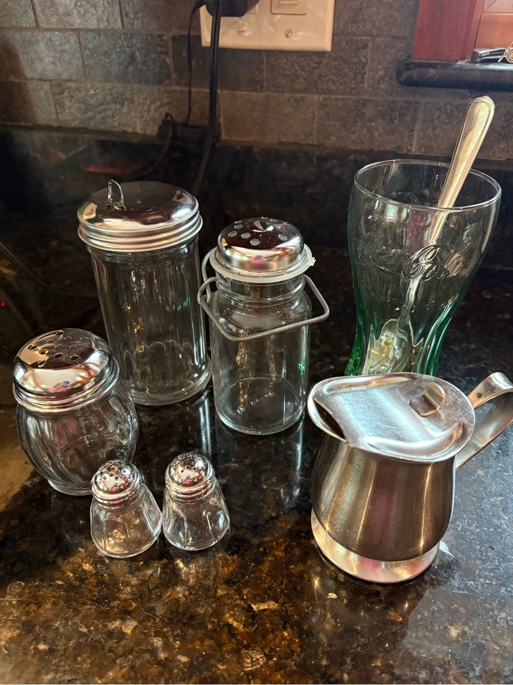 Classic vintage-style diner tableware pieces - shakers, Coke Glass, creamer EUC